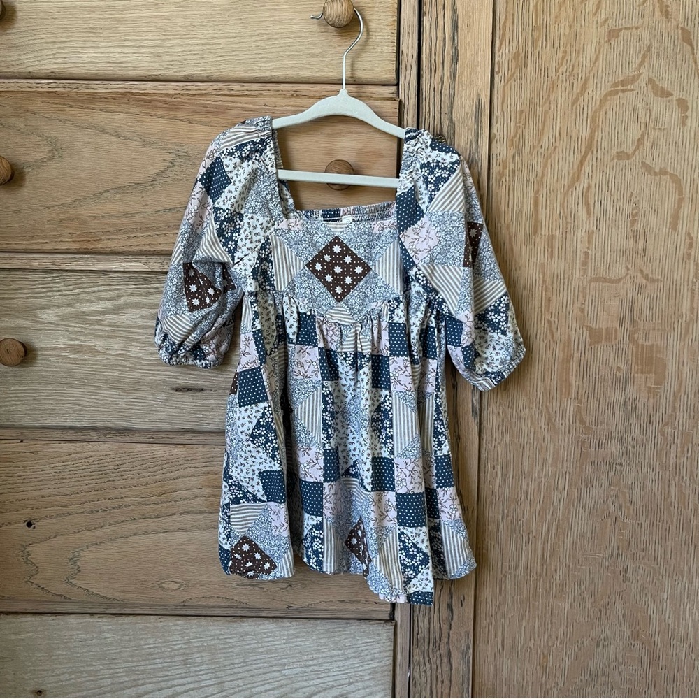 Rylee + Cru Patchwork Dress - Blue, Brown, Cream